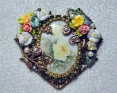 Yellow Rose Heart Cameo Pin Brooch/Pendant NEW OOAK Signed Caroline Erbsland