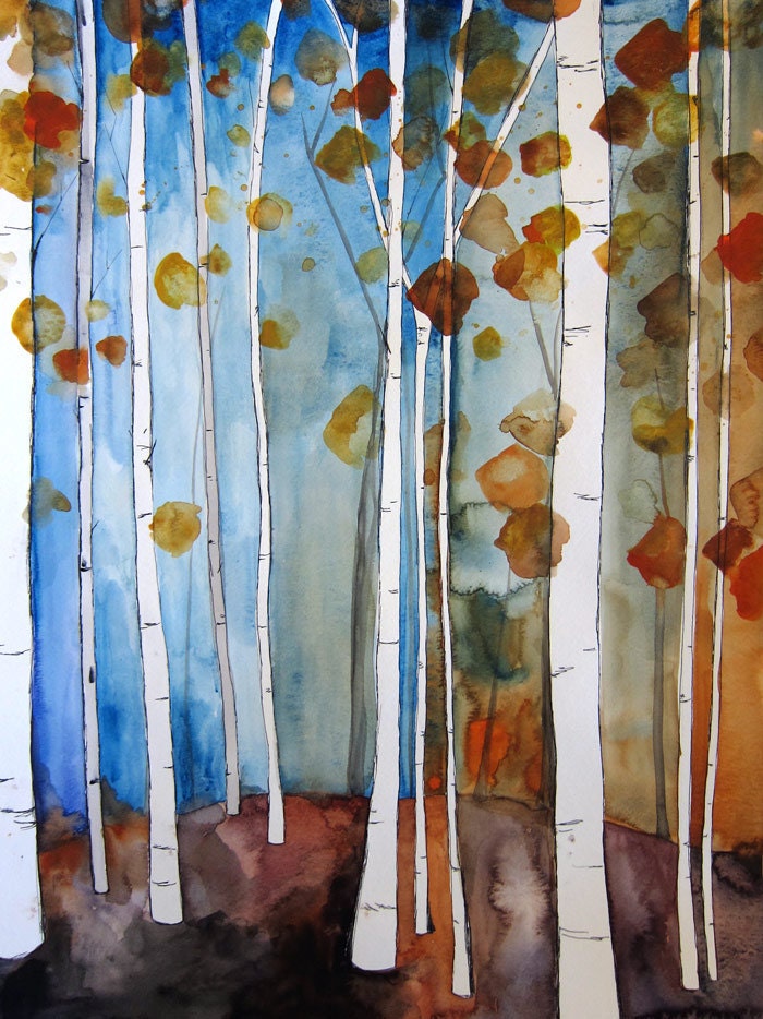 SALE 30% Off - Fall Leaves II - Wall Art - Birch Trees Painting - Home Decor - Original Watercolor Illustration - 18"x24" - Forest - Autumn - MaiAutumn