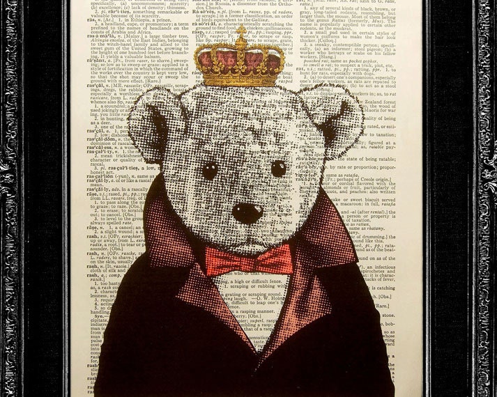 Bear Art Print - Bear King - ORIGINAL ARTWORK hand painted illustration on Vintage Dictionary page, Dictionary art, Dictionary print