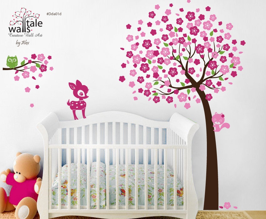 Cherry Tree with Owl, Fawn/Deer and Squirrel wall decals  - 3 forest animals with blossom tree and branch for nursery.