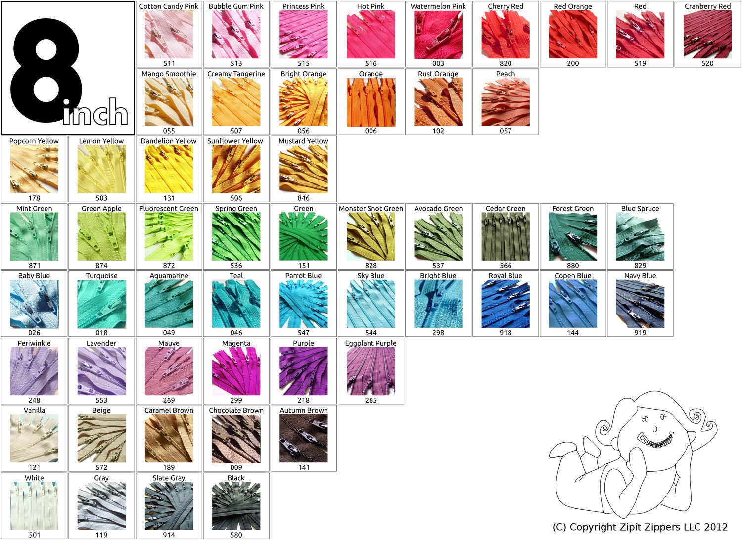 8 Inch Zippers 50 Ykk Brand Mix and Match red orange yellow green blue purple pink black white gray brown cream