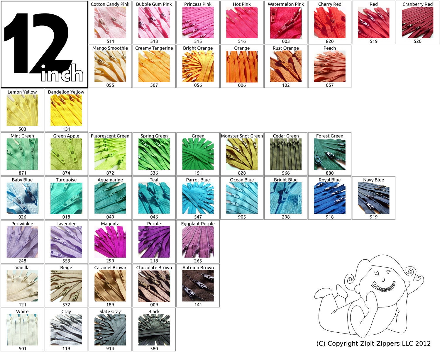 12 Inch Zippers- Your Choice of (10) YKK Brand- Mix and Match red orange yellow green blue purple black white grey
