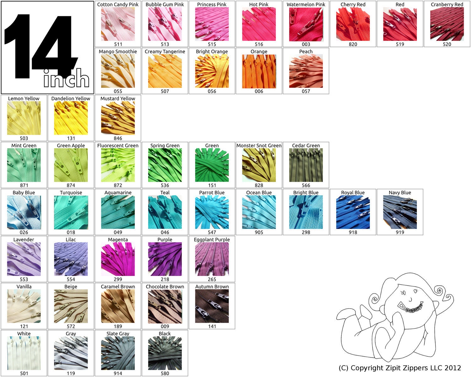 Your Choice of 50 YKK Brand 14 Inch Zippers Mix and Match cherry red orange sunshine yellow grass green hot pink white black eggplant purple