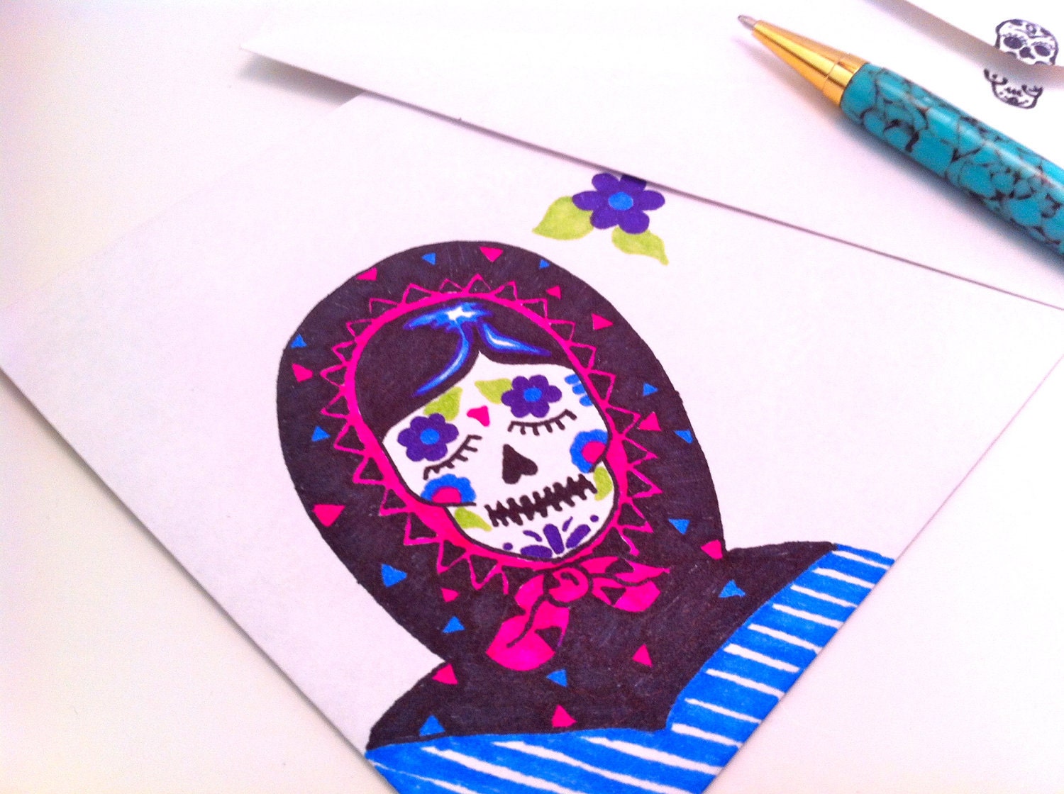 Sugar Skull Envelope Hand Drawn Matryoshka Black Blue and Pink