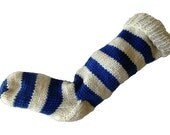 Christmas Stocking Hand Knit Natural White and Blue Striped Santa Sock