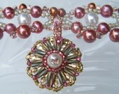 Beaded Flower Cuff in Raspberry, Copper Color, Pink Champagne and Aurora Borealis Green