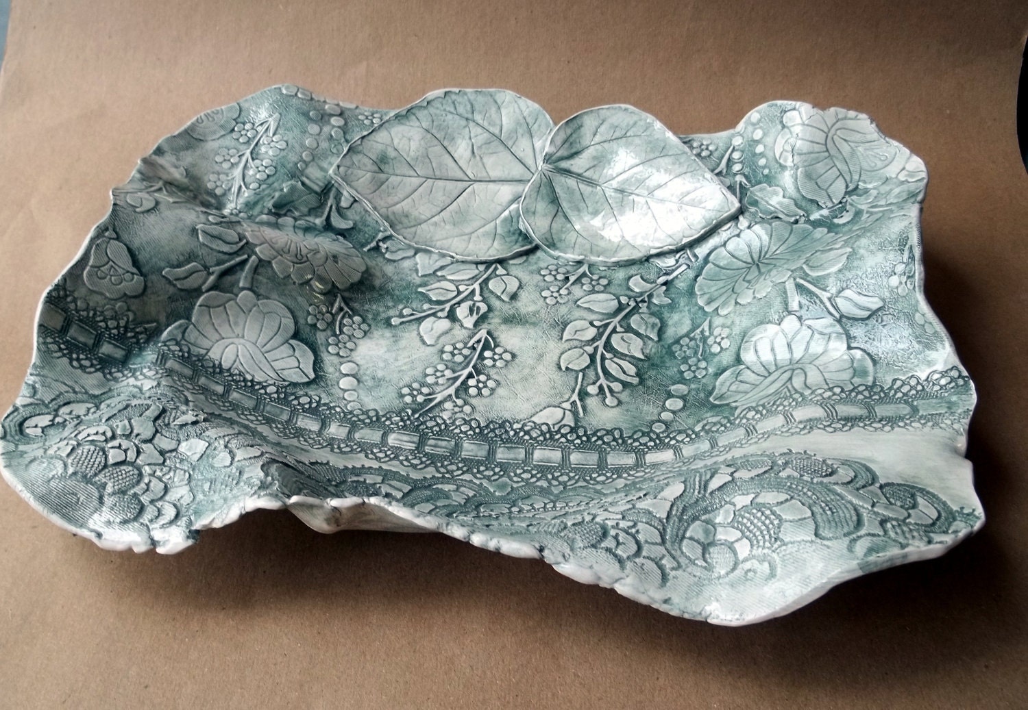 Ceramic Forest Green Damask Bowl