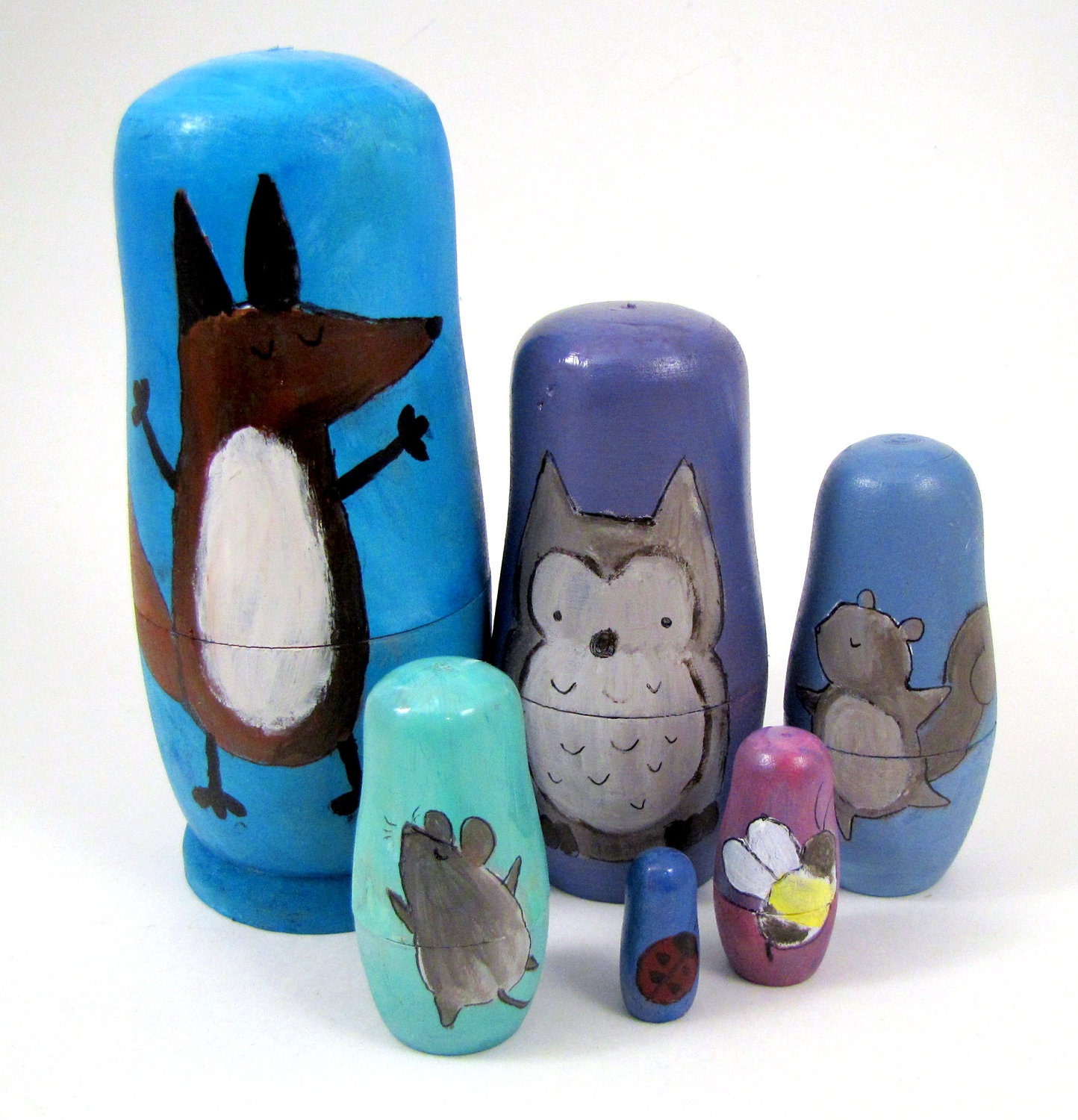 Nesting Dolls, Woodland Nursery, Hand Painted Whimsical Animal Art