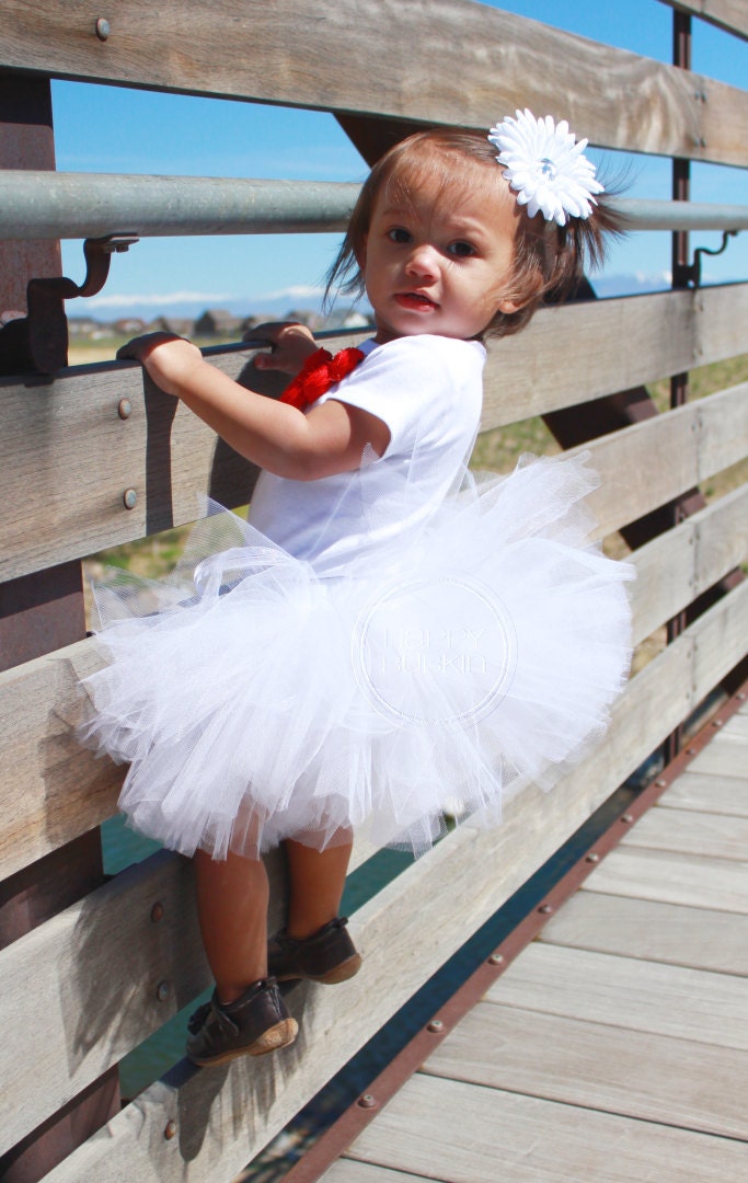 HAPPY WHIMSICAL WHITE--Custom Made Hand-Tied Ribbon Tutu Skirt with Free Flower Clip, Newborn-5T
