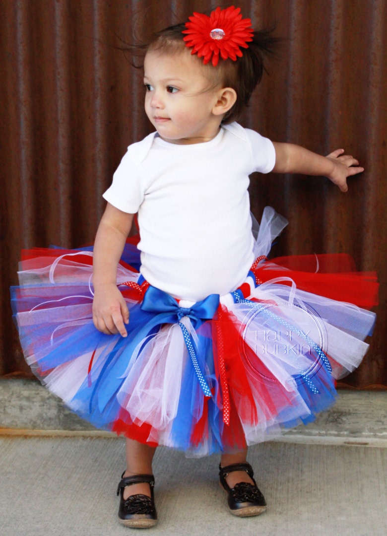 HAPPY LIL' LIBERTY-- Custom Made Hand-Tied Ribbon Tutu Skirt with Free Flower Clip, Sizes Newborn - 5T