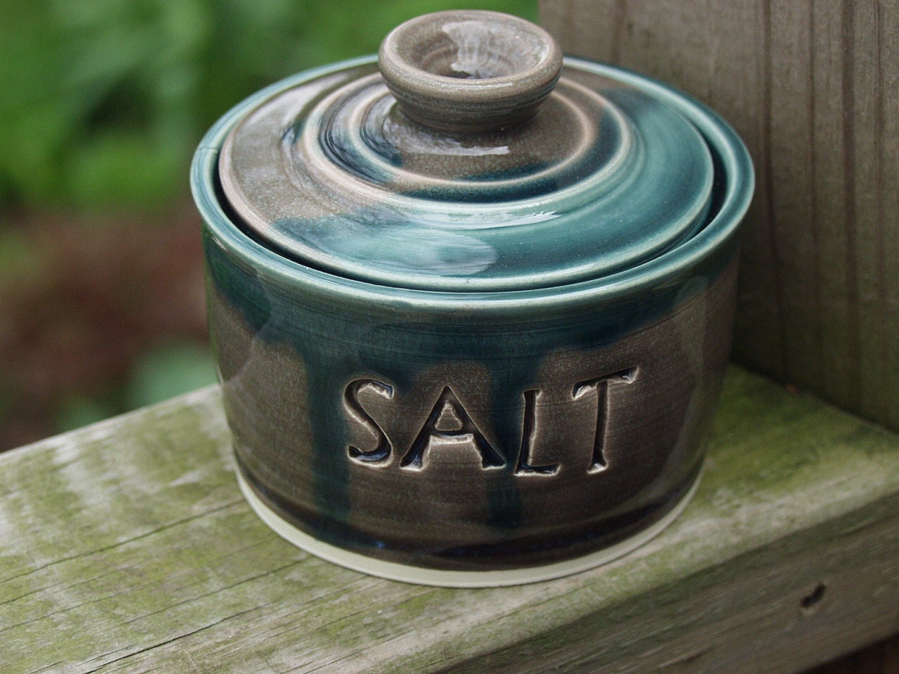 Salt Jar Spice Jar Lidded  Ready to Ship Olive Peacock