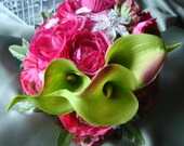 April Sale, Lime Green Cala Lily, hot pink silk ranunculus with crystal brooch and accents Bridal Bouquet with Crystal Accents