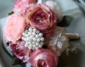 April Sale, Silk Pink and Mauve Brooch Bouquet with Ivory Tulle, crystal brooch bouquet, treasury featured