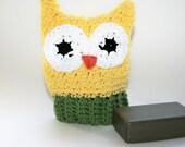 Owl Bath mitt, wash cloth puppet eco friendly 100 percent cotton Baby gift bright yellow, green and white
