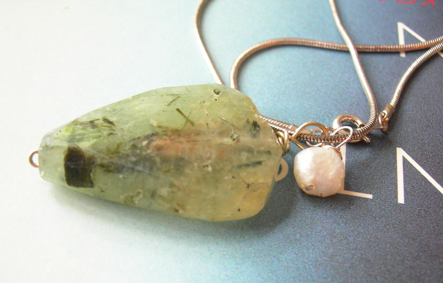 Wire-Wrapped Mossy Green Prehnite and Pearl Necklace