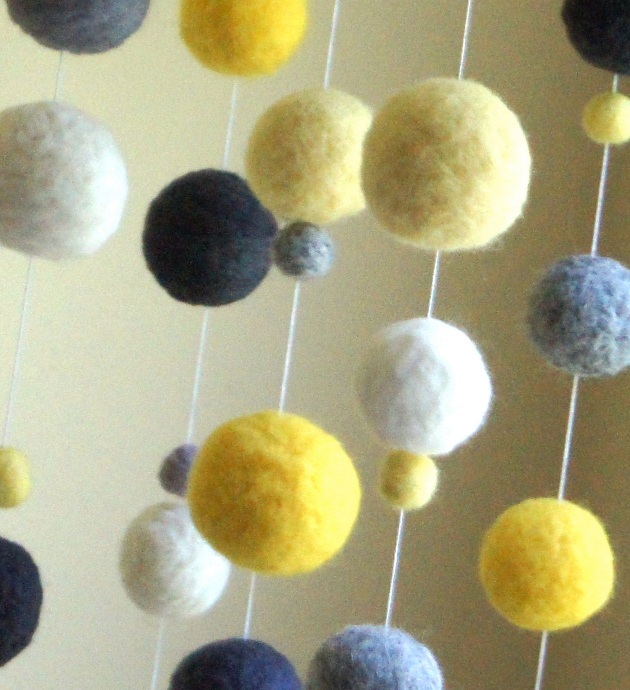 Needle Felted Gumball Mobile - Yellows and Greys - jacksbeanstalk
