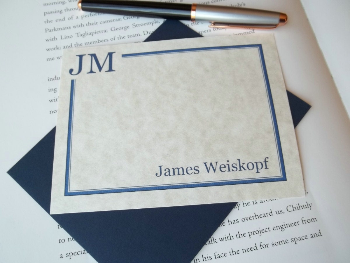Great Fathers Day Gift-Classic Navy Monogrammed  Personalized Stationery.Set of 10 Flat cards with 10 Navy Blue Envelopes.