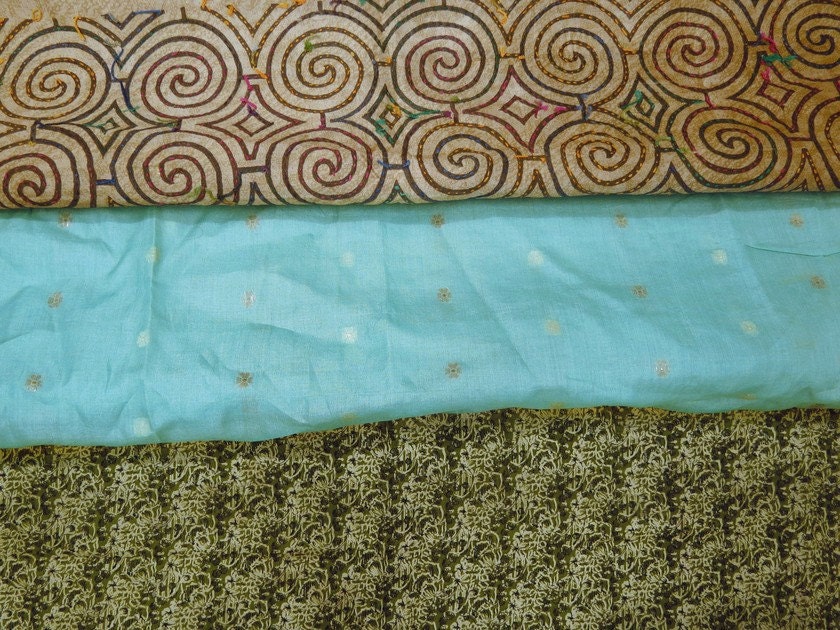 3 Pcs Vintage Saree Scrap Used Recycled Sari Antique Pure Silk Fabric Fat Quarter  - SCR272 - queensclub