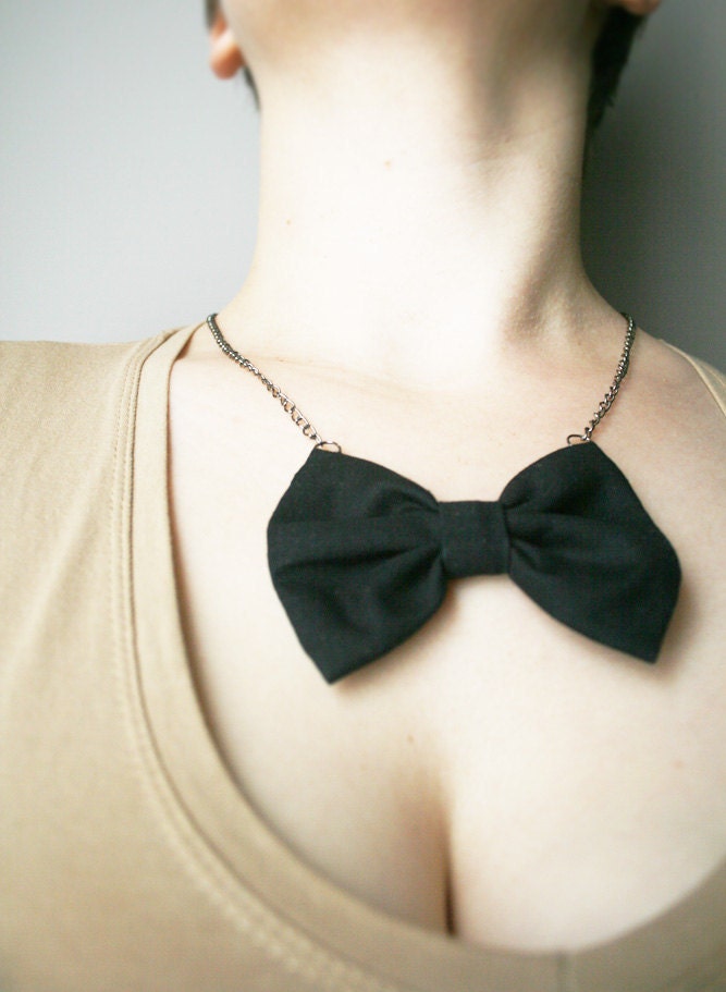 Black bow tie necklace  fabric bow  pendant with hematite chain 22" Gothic Kawaii Lolita japanese Man look
