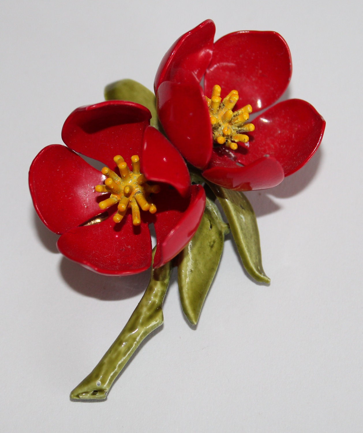 Vintage Jewelry Brooch  enamel floral red, yellow green on realistic stem, mid century - purrfectstitchers