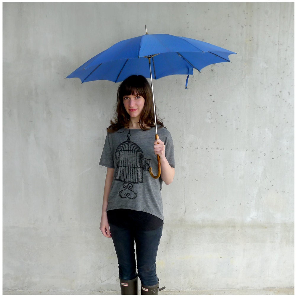 One That Got Away - summer fashion - womens t shirt - SMALL - birdcage print on Alternative Apparel ash gray pony tees