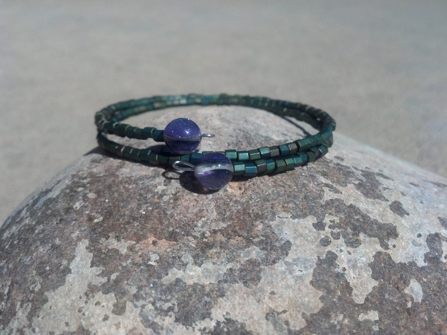 Swamp Thing beaded loop wrap bracelet green with purple grey resin sparkle beads