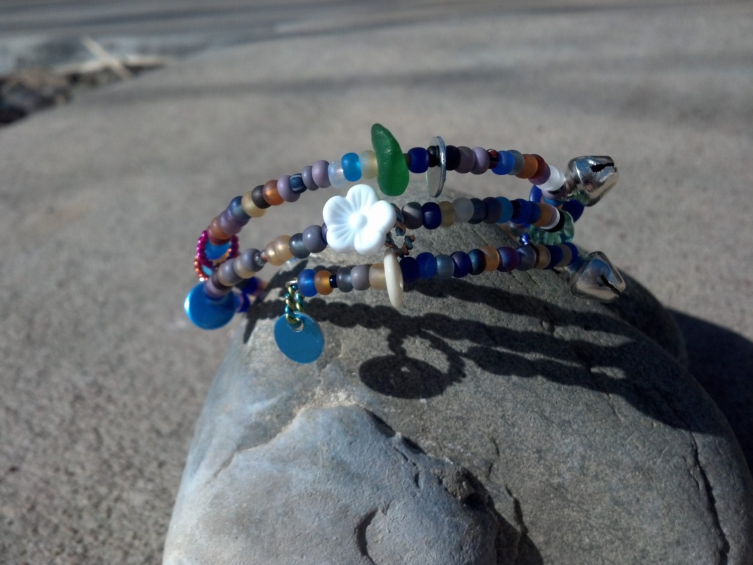 Trinket beaded loop wrap bracelet buttons, beads, twisted wire, sea glass
