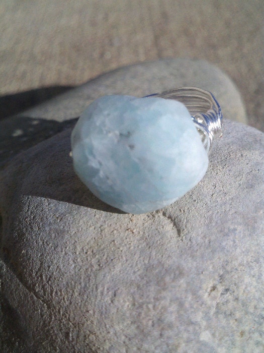 SALE SALE Ice blue Marshmallow silver wrapped ring Raw Hemimorphite Stone Nugget size 6