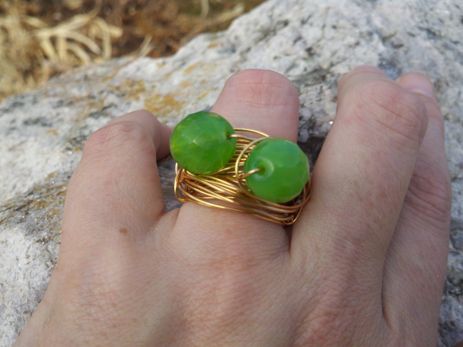 SALE Green Apple Bead Ring. The Nebulus 2 Czech Beads on Merlin's Gold US 8