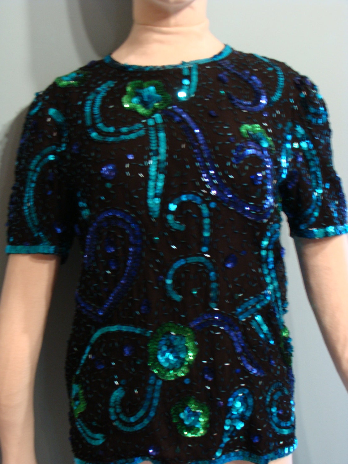 Black and Teal silk beaded top