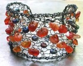 Carnelian Peacock Pearls Cuff Oxidized Knit Wire Crochet Beaded Bracelet