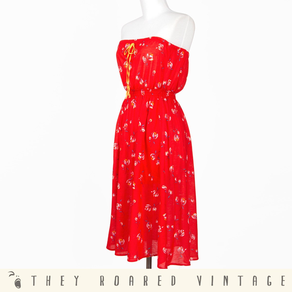 80s Floral Dress Summer Red Cotton Tulips Sleeveless Vintage Small Medium
