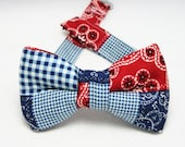 Bow tie - Patchwork Red, White, and Blue, with bandana print - Fits newborns through adults