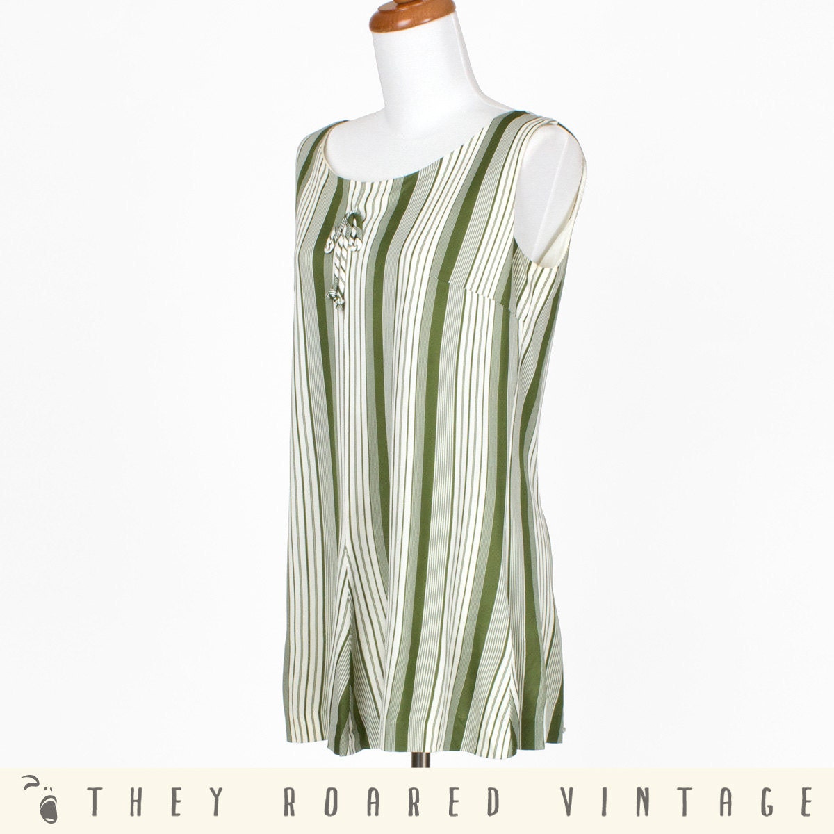 60s Vintage Mini Dress Mod Green White Stripes Mint Sage Medium