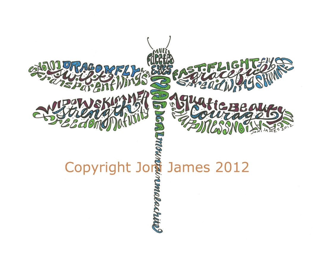 Magical Dragonfly Word Art Calligram Typography Illustration 8x10 Matted Print by Joni James at CalligramORama on Etsy