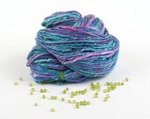 Handspun Silk Yarn with Green Glass Beads, Purple blue and green - Pure Luxury
