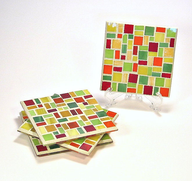Stained glass mosaic coaster set red yellow orange lime green - threesisterscandles