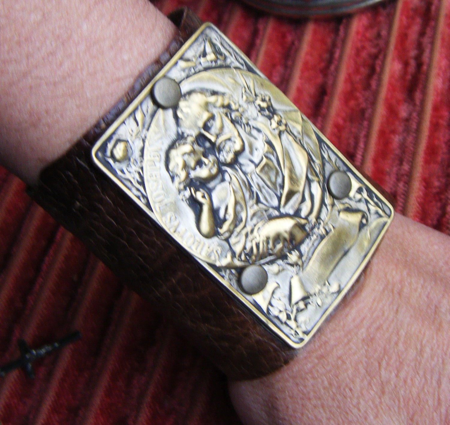 St. Christopher cuff religious leather bracelet antique jewelry assemblage one of a kind