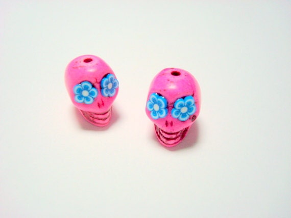 Blue Flower Eyes in Small Pink Day of The Dead Skull Beads-12mm