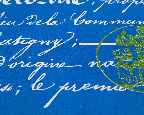 Home Dec Fabric Yardage - Penmanship French Script  - Premier Prints Designer -Cobalt Blue, Green and White- 1 Yard