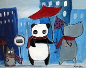 Kids Art, Whimsical Childrens City Scape, Storybook Animal
