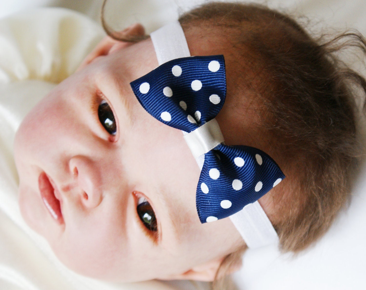 Baby Polka Dot Headband  Navy Newborn Other Ages Made to Order - slouchiehats