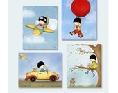 Children room wall art, boys nursery decor, airplane, car, colorful kids wall art prints, etsy art, set of 4 for a special price