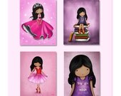 Dark skin girls wall art prints set , African american children room decor, princess, ballerina, books, nursery art prints