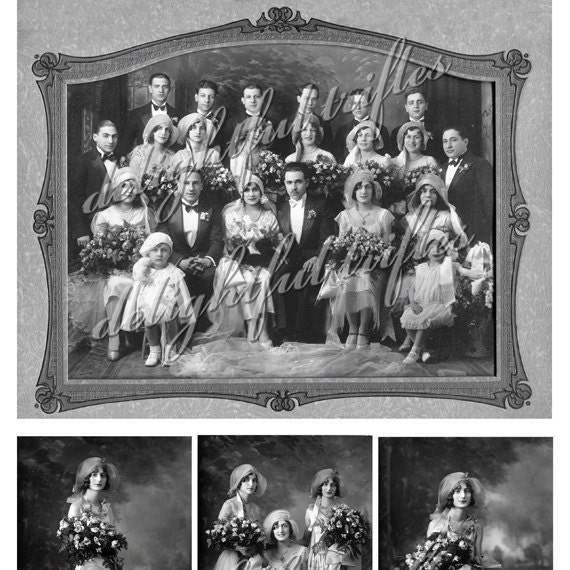 Collage Sheet Flapper Bride Groom Wedding Party 1920s Mixed Sizes Digital Download BlkWhite