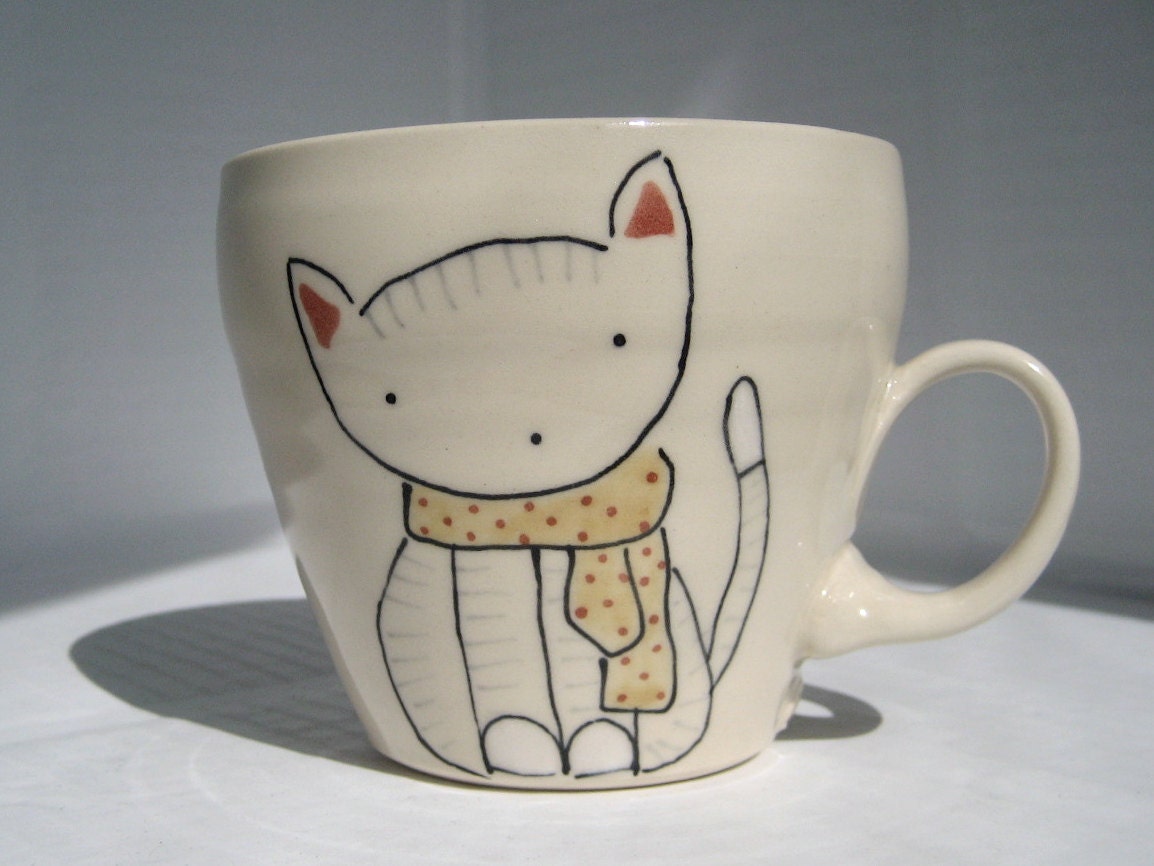 Handmade Coffee Mug- Cat and Scarf- Coffee Cup or Tea Cup