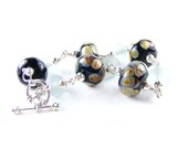 Raku Beaded Bracelet, Rustic Black Artisan Lampwork Glass Beads, Wire Wrapped in Sterling Silver, One of a Kind