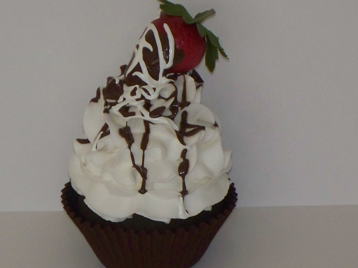 Dark Chocolate Lovers Fake Cupcake Cool Whip Frosting Strawberry Drizzle for Photo Props, Party Decor, Home Display