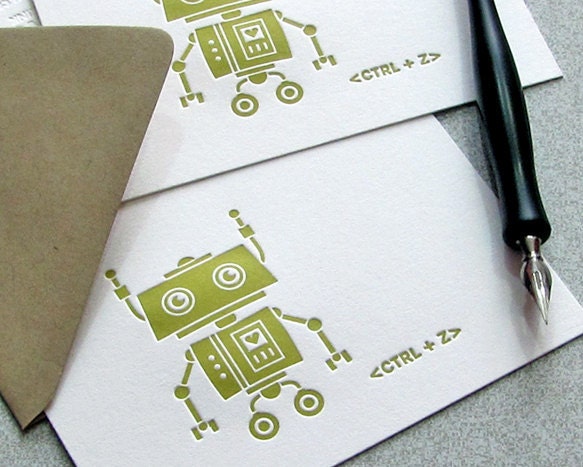 Robot Letterpress Folded Note Card Set - Fathers Day, Geekery - Cute Robot Illustration, Chartreuse Green 5 pack (4BRZ1)