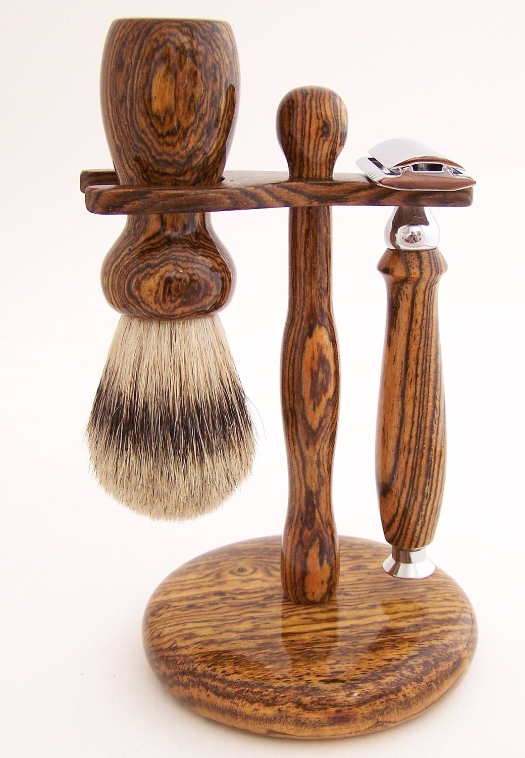 Bocote Wood 24mm Silvertip Badger Brush, Double Edge (DE) Razor and Stand Shaving Set (Handmade in USA)